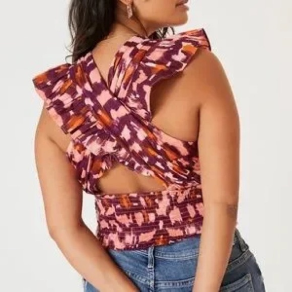 Anthropologie Ruched Ruffle Halter Top in Purple Multi - Picture 2 of 6